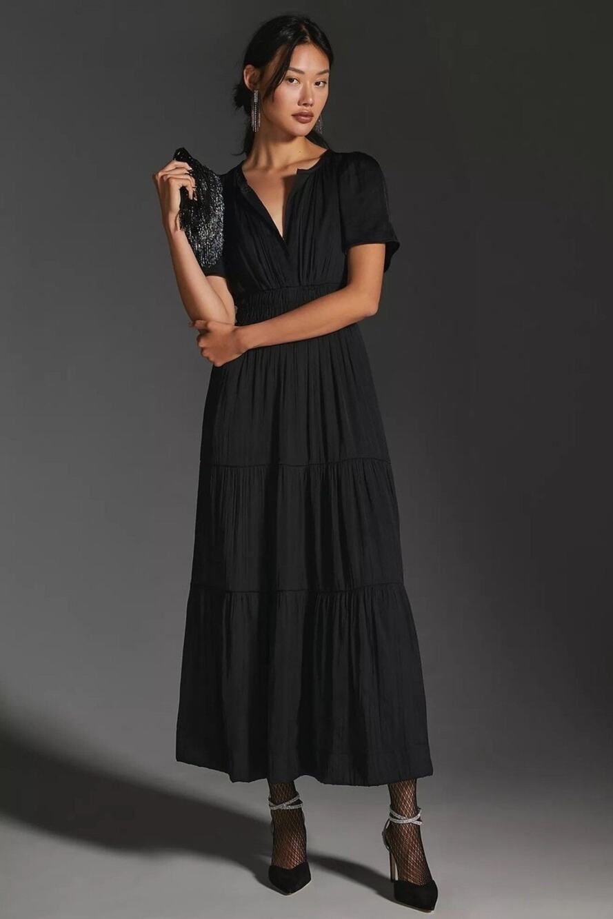 Anthropologie Somerset Black Satin Maxi Dress L Tiered Boho - Picture 1 of 7